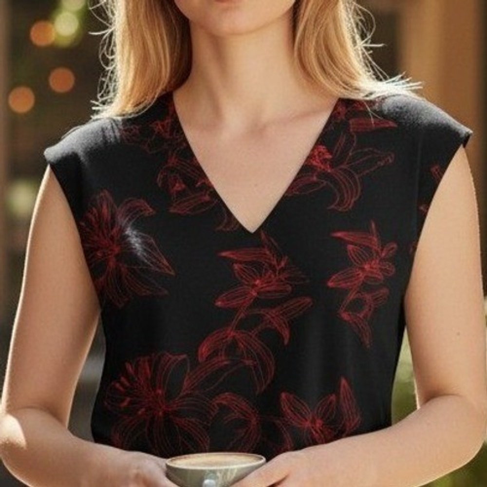 George Women Black Red Floral Lily V-Neck Sleeveless Blouse Top Large 12/14